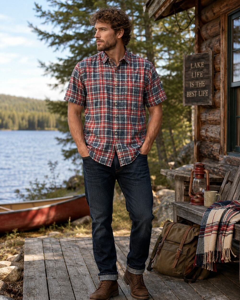 ZIP CODE Mens M Plaid Button Front Shirt Red Blue Short Sleeve Pocket Casual